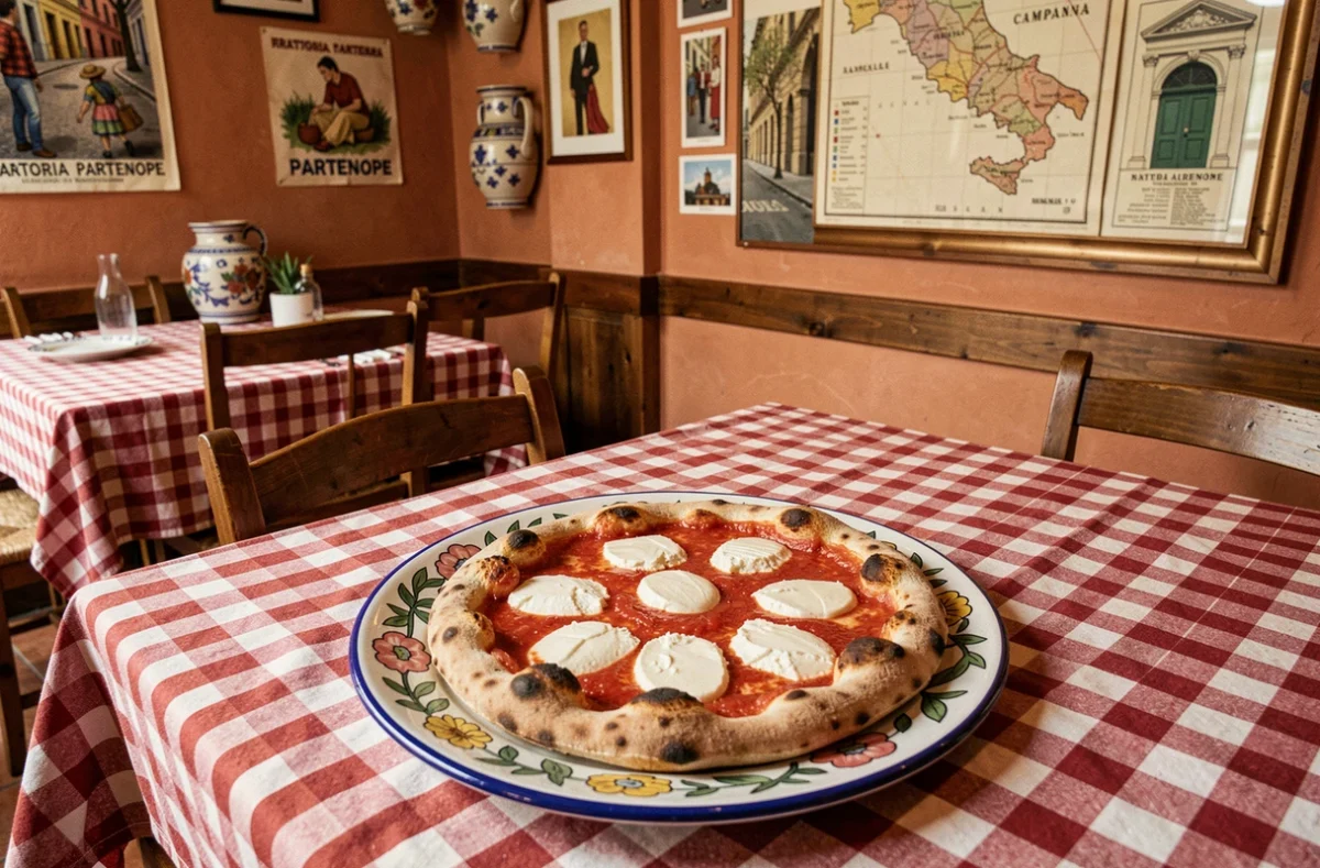 Pizza margherita sur nappe à carreaux rouges et blancs à la Trattoria Partenope à Marseille avec décoration italienne rustique