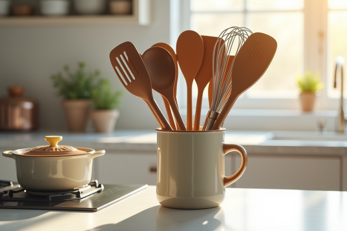 Ustensiles Le Creuset organisés sur un plan de travail lumineux