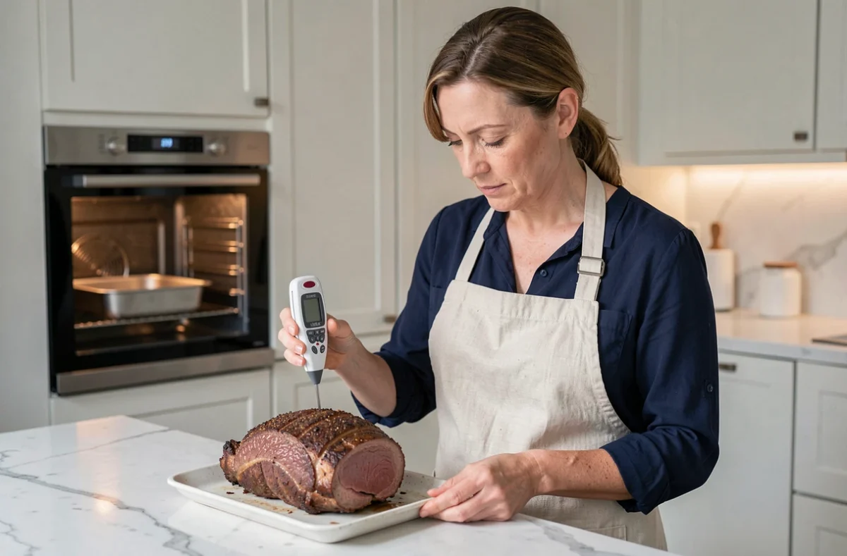 Cuisinière vérifiant la température interne d'un rôti de bœuf avec un thermomètre à sonde dans une cuisine moderne et lumineuse