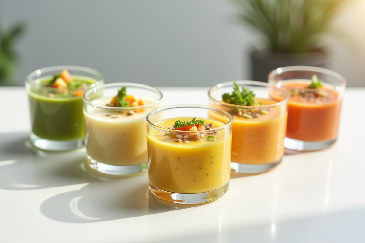 Cinq verres de gazpacho de courgette aux toppings colorés