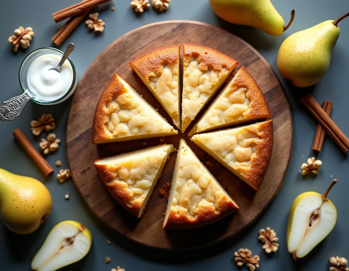 Vue de dessus d'un gâteau poire yaourt coupé en tranches sur une planche en bois avec des poires fraîches et du yaourt nature