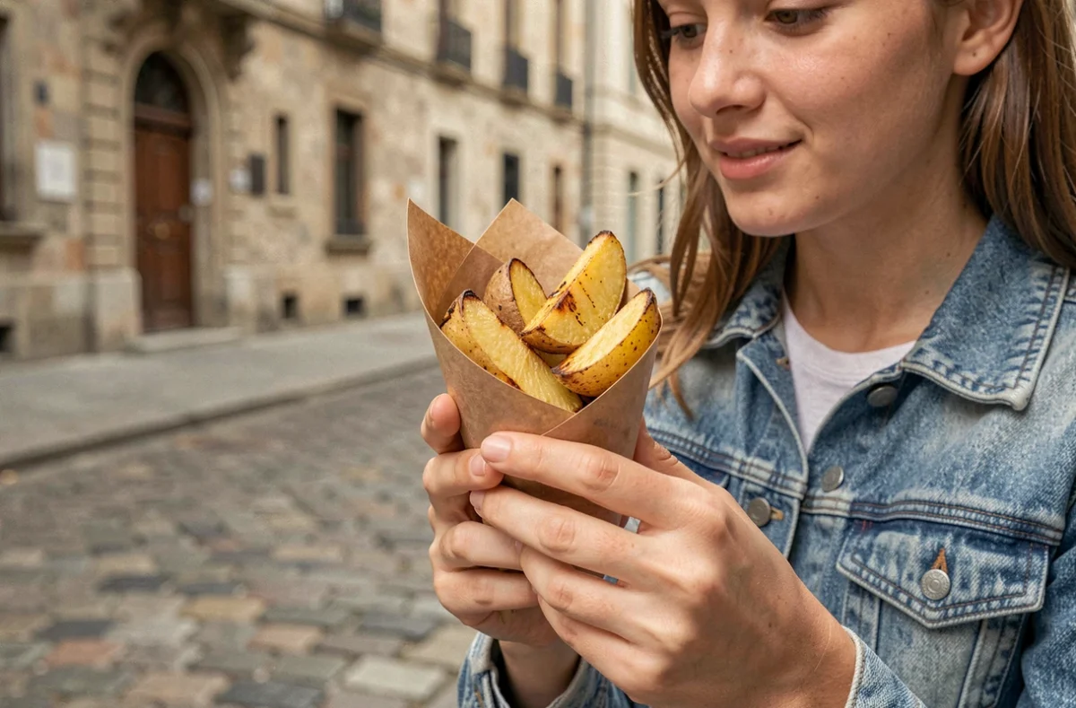 Jeune femme tenant un cornet kraft de grosses wedges de pommes de terre à l'huile d'olive dans une rue pavée européenne