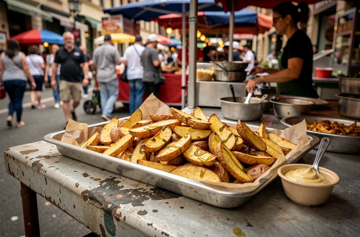 Barquette de wedges de pommes de terre façon cuisine de rue sur un comptoir de marché urbain avec sauce aïoli et papier kraft
